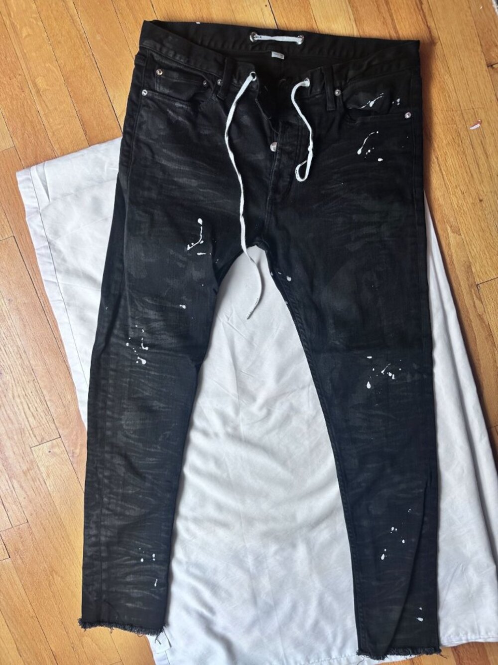 MRCLA black button fly paint splatter jeans with white drawstring 34